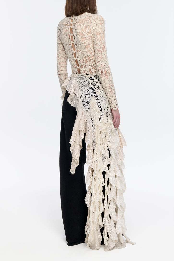 Nimbus Crochet Lace Top in Ivory Cashmere with Custom Ruffles