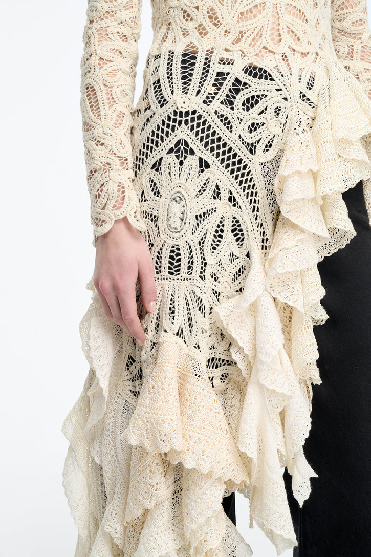 Nimbus Crochet Lace Top in Ivory Cashmere with Custom Ruffles