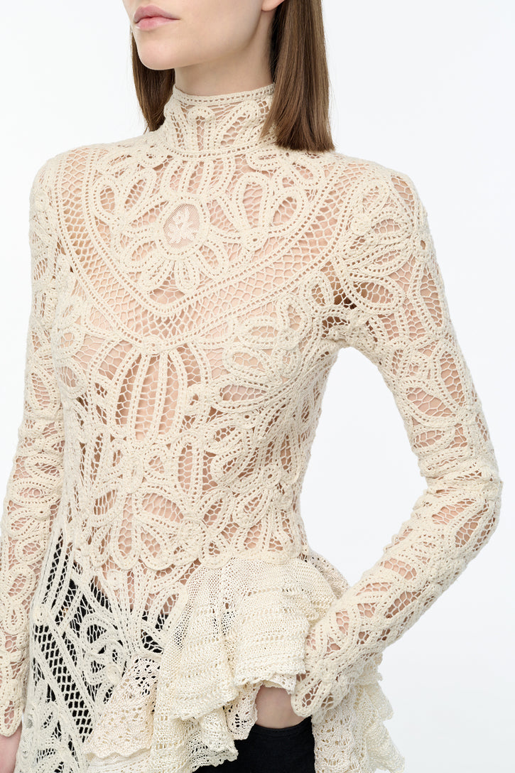 Nimbus Crochet Lace Top in Ivory Cashmere with Custom Ruffles