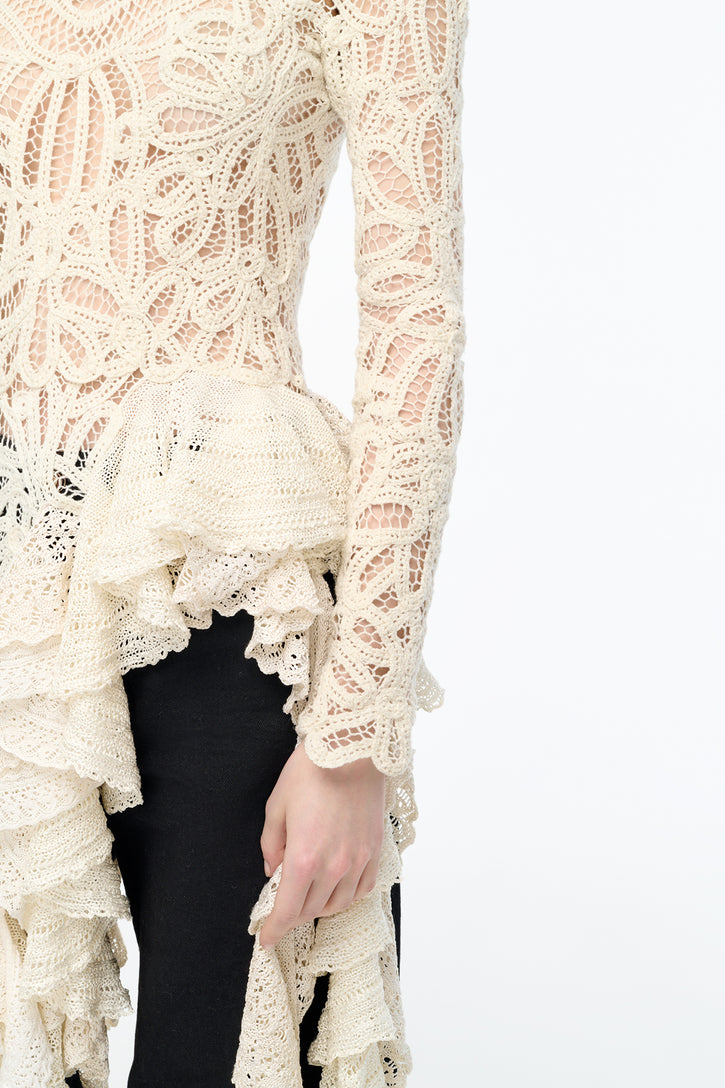 Nimbus Crochet Lace Top in Ivory Cashmere with Custom Ruffles