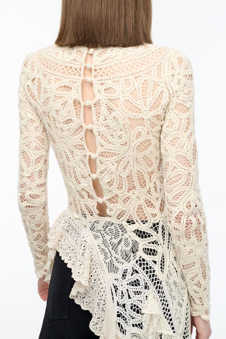 Nimbus Crochet Lace Top in Ivory Cashmere with Custom Ruffles