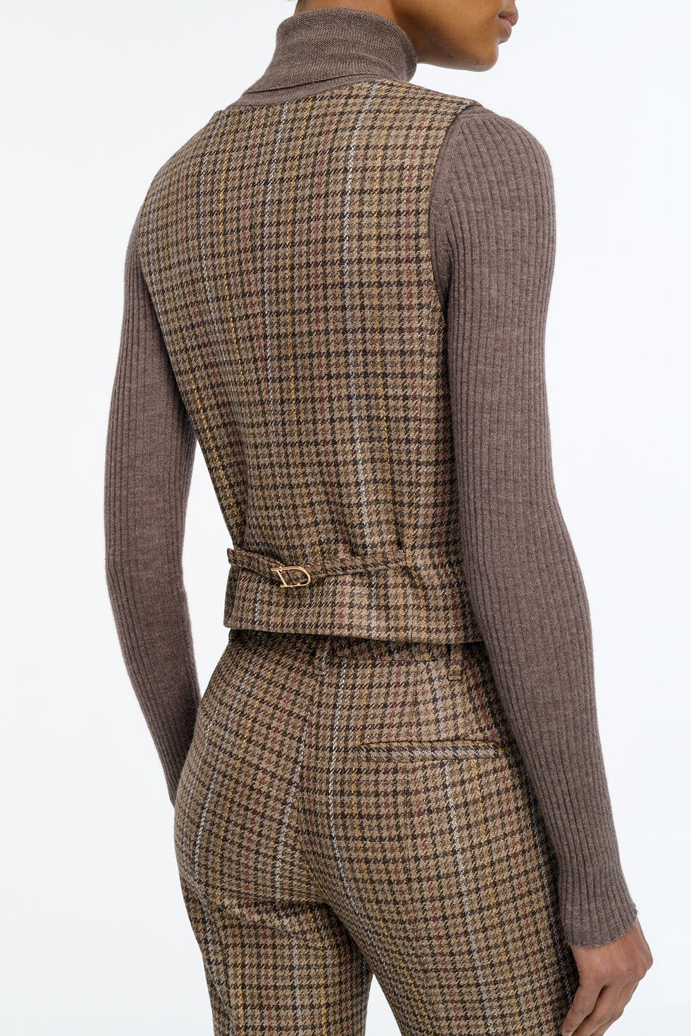 Rhein Pant in Camel Multi Wool Silk Houndstooth