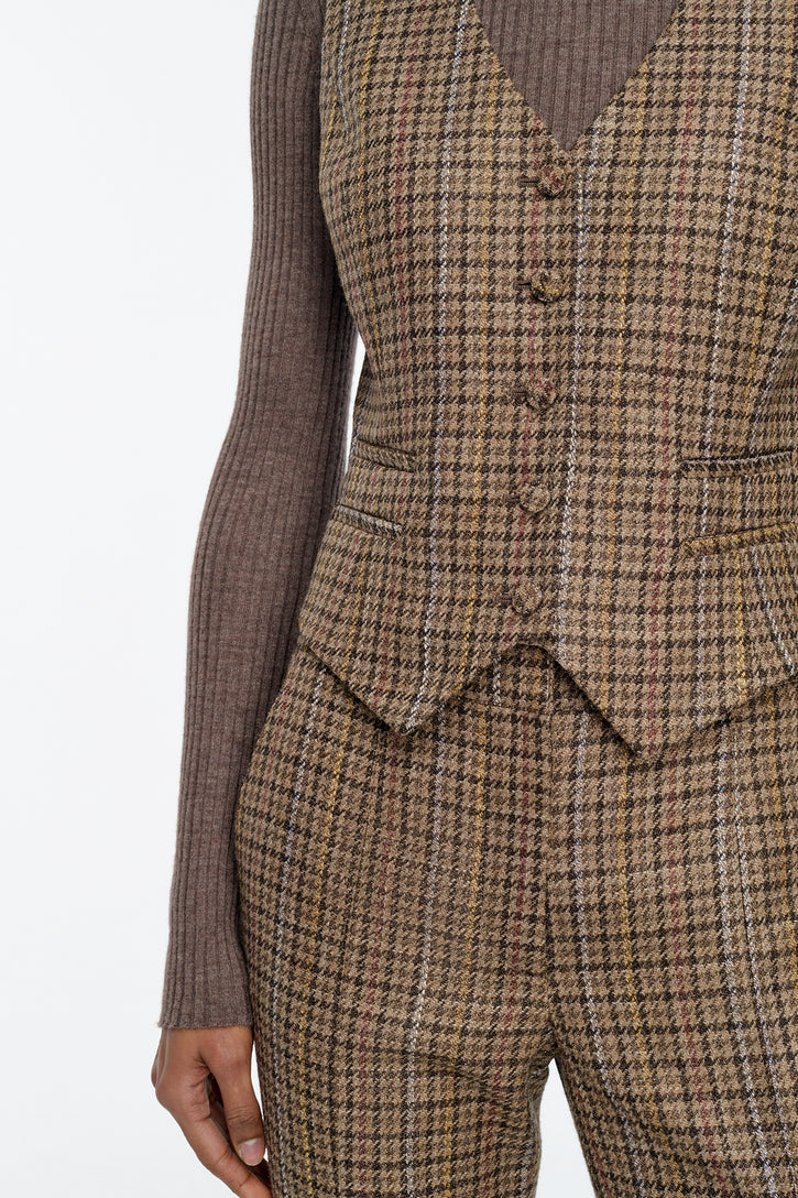 Coleridge Vest in Camel Multi Wool Silk Houndstooth
