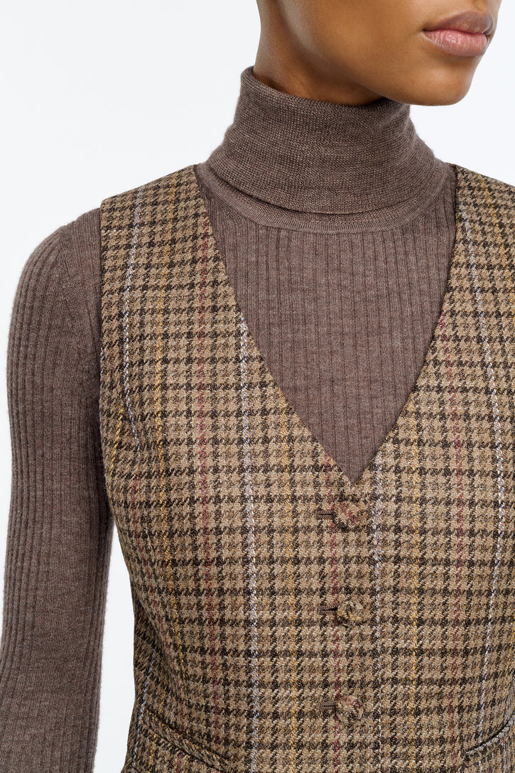 Coleridge Vest in Camel Multi Wool Silk Houndstooth