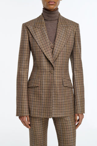 Leiva Blazer in Camel Multi Wool Silk Houndstooth