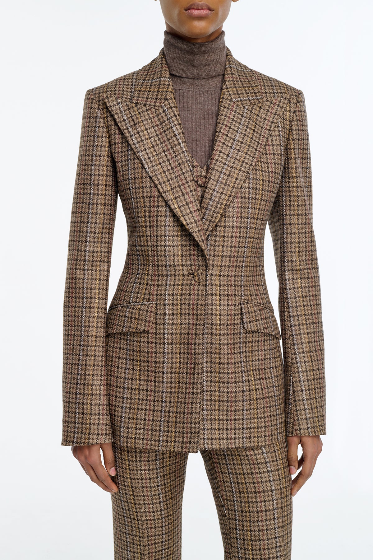 Leiva Blazer in Camel Multi Wool Silk Houndstooth