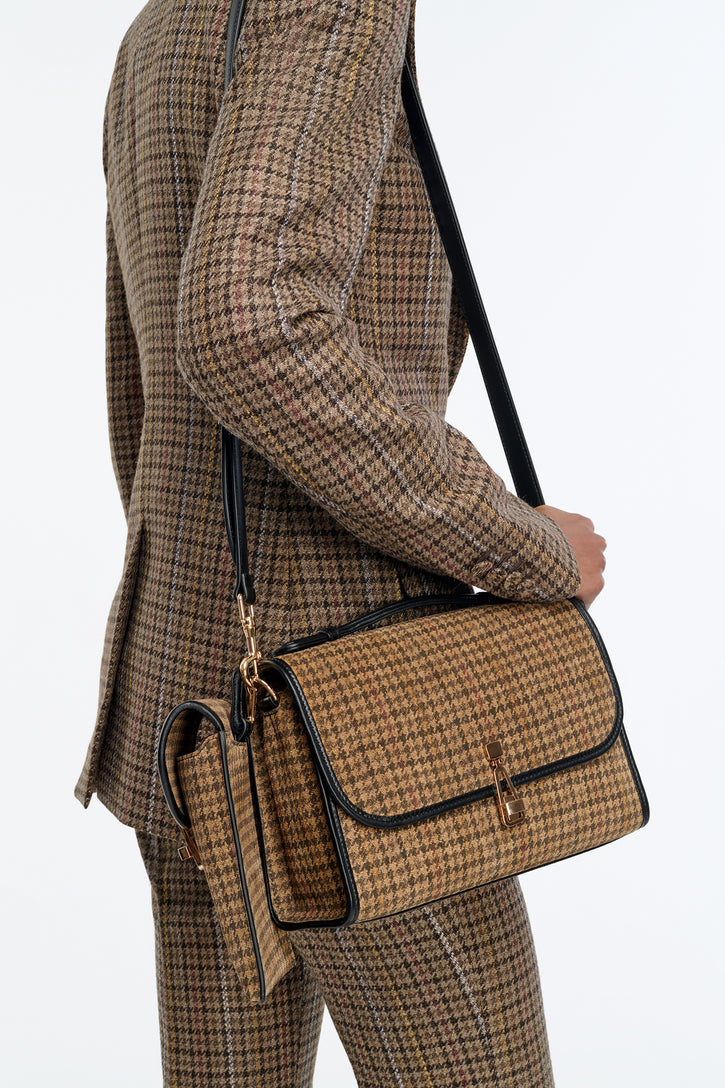 Medium Leonora Bag in Camel Multi Suede Houndstooth