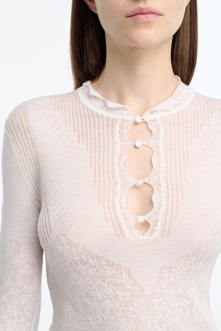 Severn Pointelle Knit Lace Henley in White Merino Wool