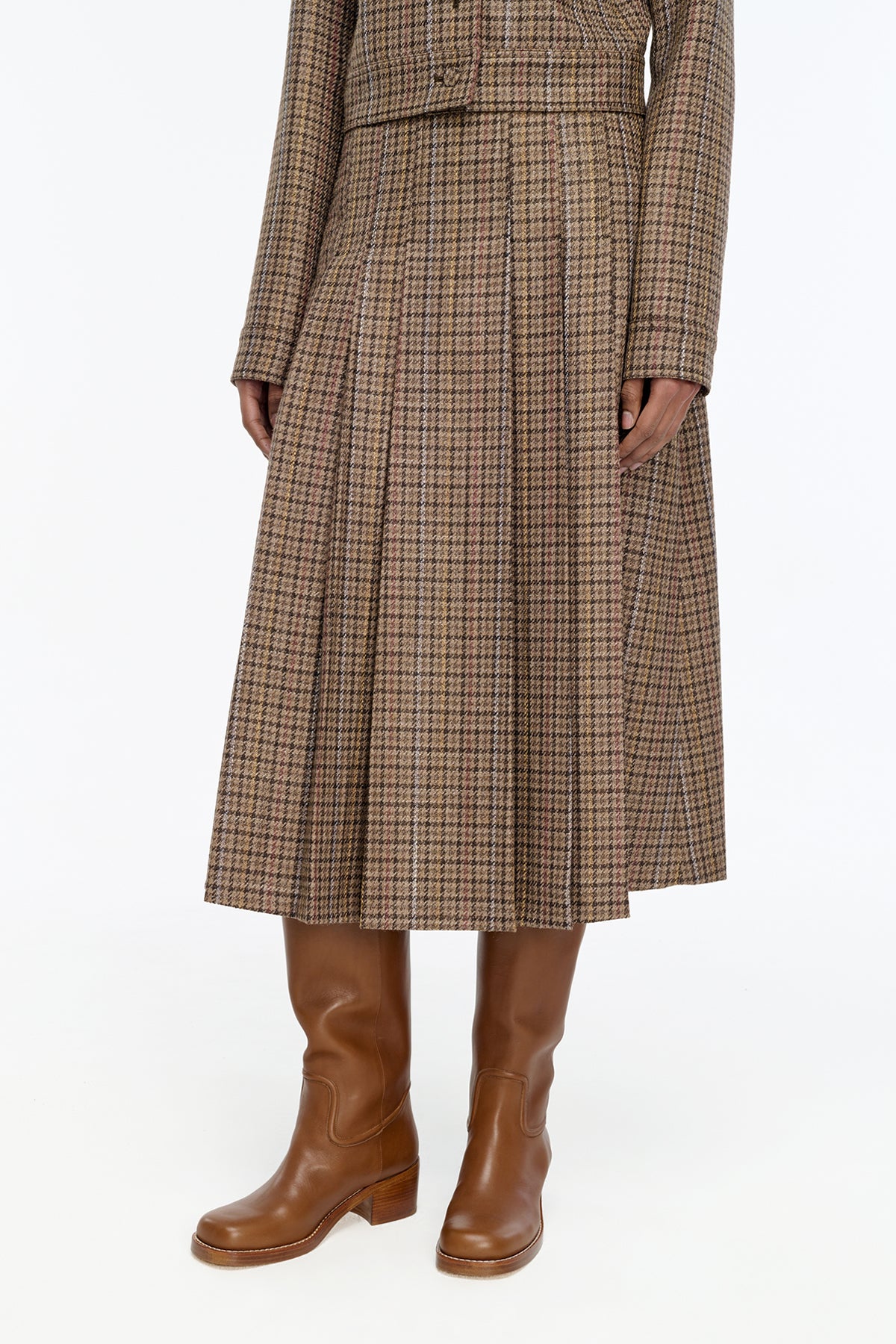 Wesley Skirt in Camel Multi Wool Silk Houndstooth