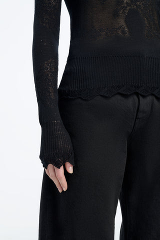 Severn Pointelle Knit Lace Henley in Black Merino Wool