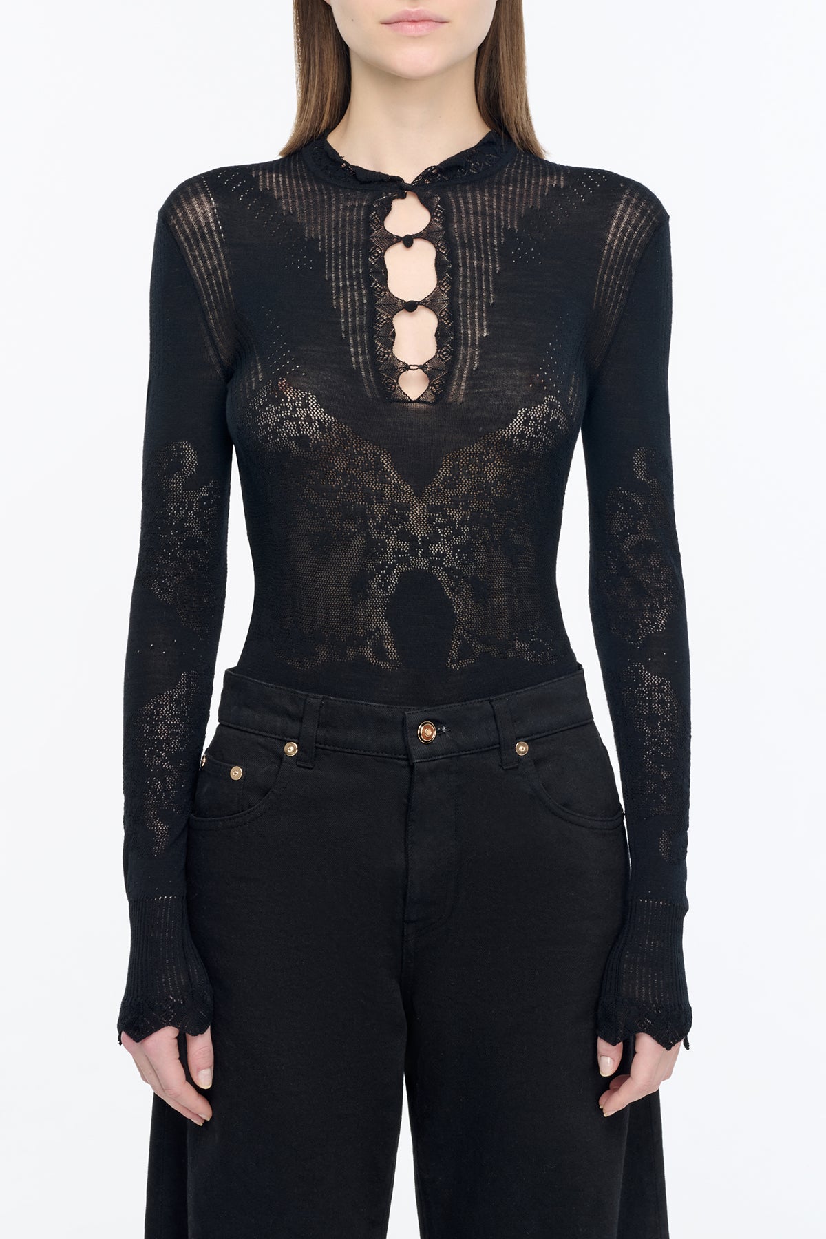 Severn Knit Henley in Black Merino Wool Lace