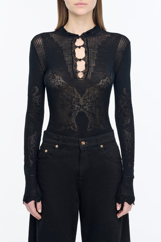 Severn Pointelle Knit Lace Henley in Black Merino Wool