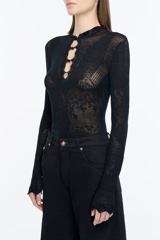 Severn Pointelle Knit Lace Henley in Black Merino Wool