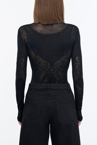 Severn Pointelle Knit Lace Henley in Black Merino Wool