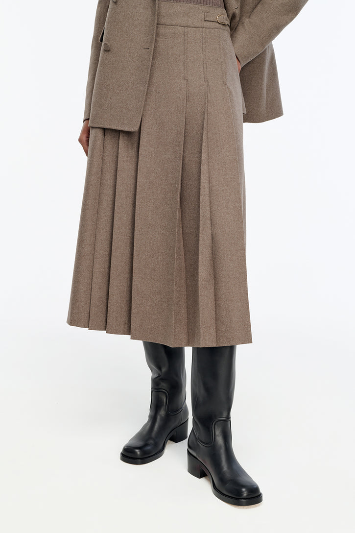 Wesley Pleated Skirt in Walnut Wool Cashmere Flannel
