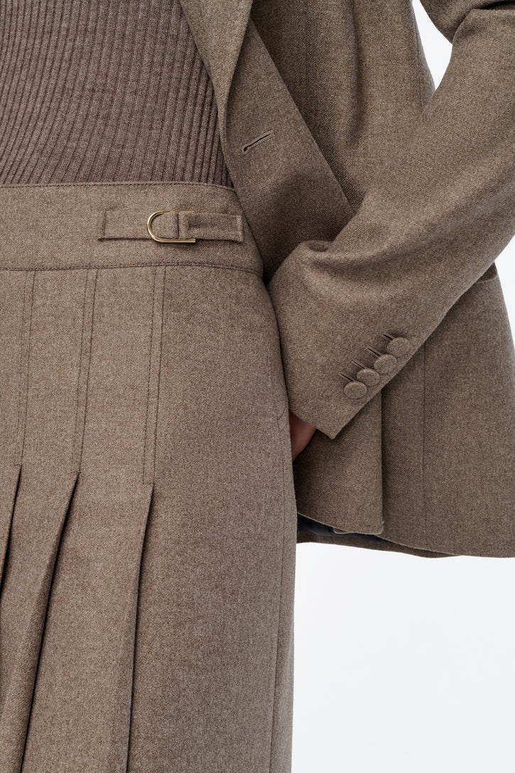 Wesley Pleated Skirt in Walnut Wool Cashmere Flannel