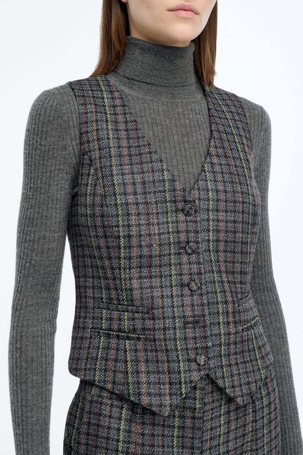 Coleridge Vest in Charcoal Multi Wool Silk Houndstooth