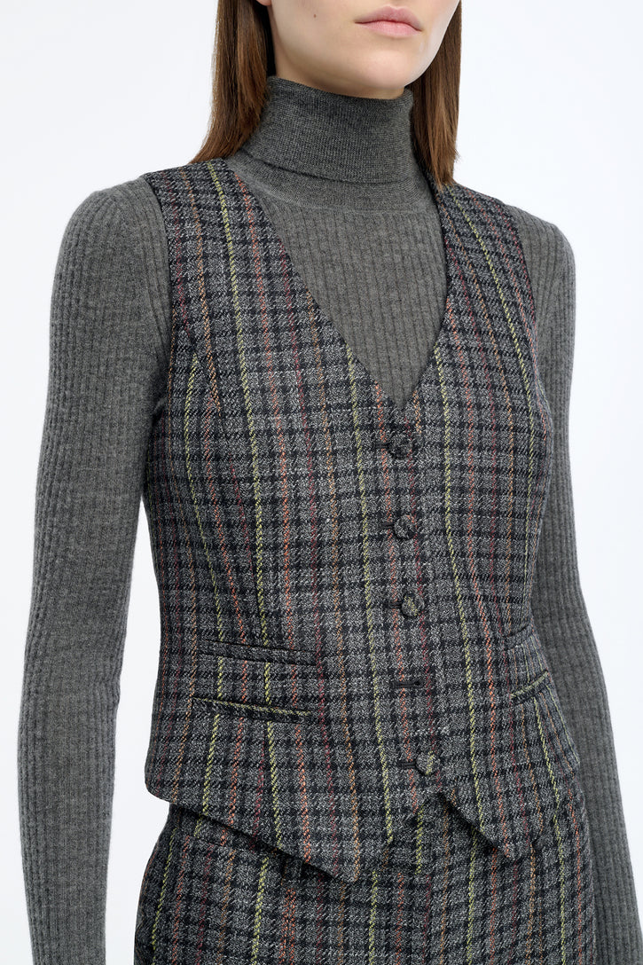 Coleridge Vest in Charcoal Multi Wool Silk Houndstooth