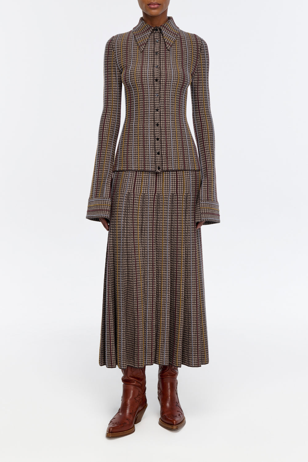 Prism Knit Skirt in Camel Multi Wool Silk Cashmere Houndstooth