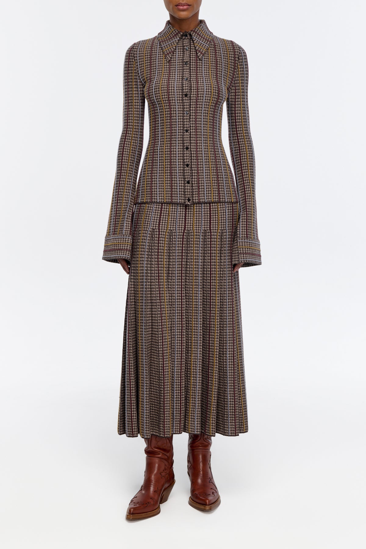 Prism Knit Skirt in Camel Multi Wool Silk Cashmere Houndstooth
