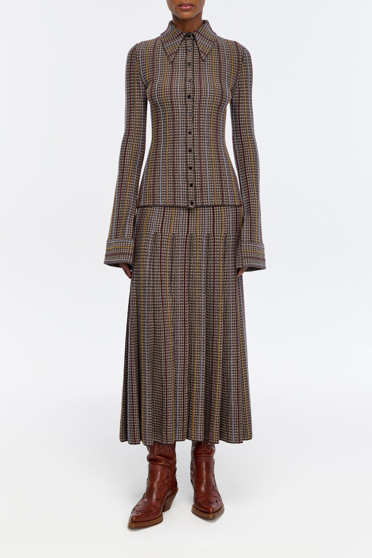Prism Knit Skirt in Camel Multi Cashmere Silk Houndstooth