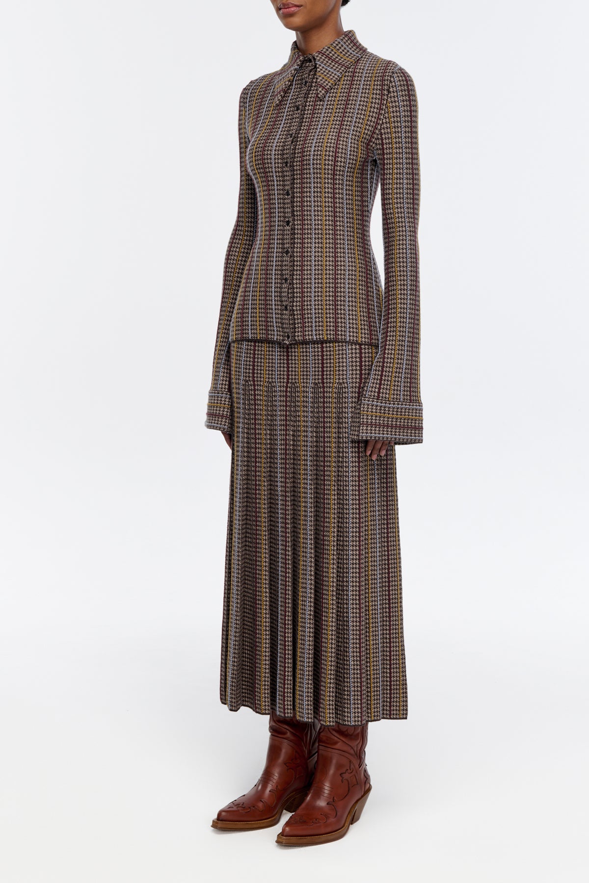 Prism Knit Skirt in Camel Multi Wool Silk Cashmere Houndstooth