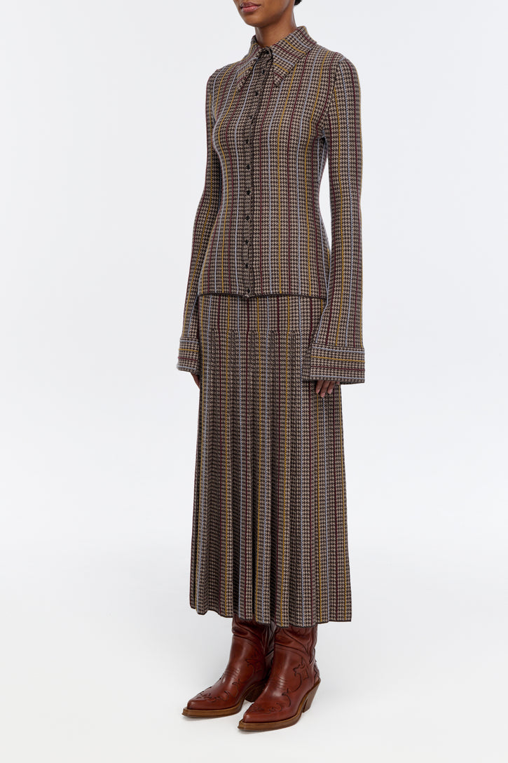 Prism Knit Skirt in Camel Multi Cashmere Silk Houndstooth