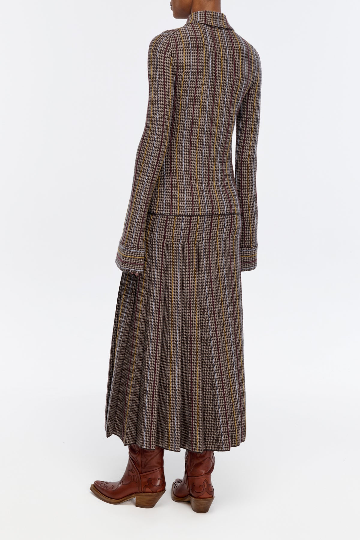Prism Knit Skirt in Camel Multi Wool Silk Cashmere Houndstooth