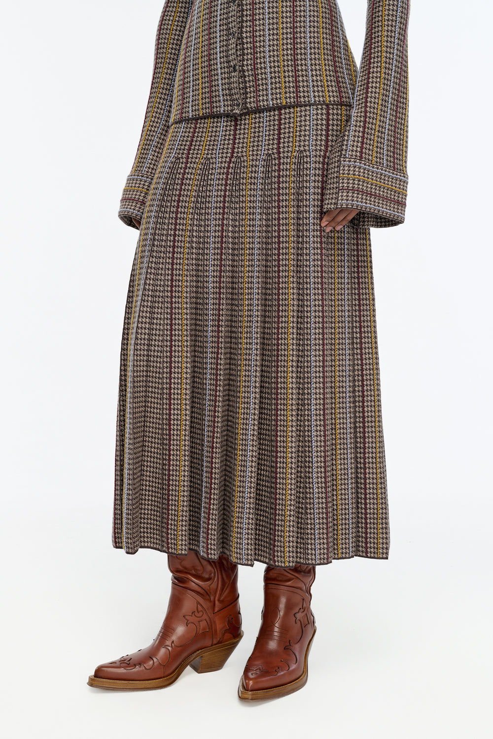 Prism Knit Skirt in Camel Multi Wool Silk Cashmere Houndstooth