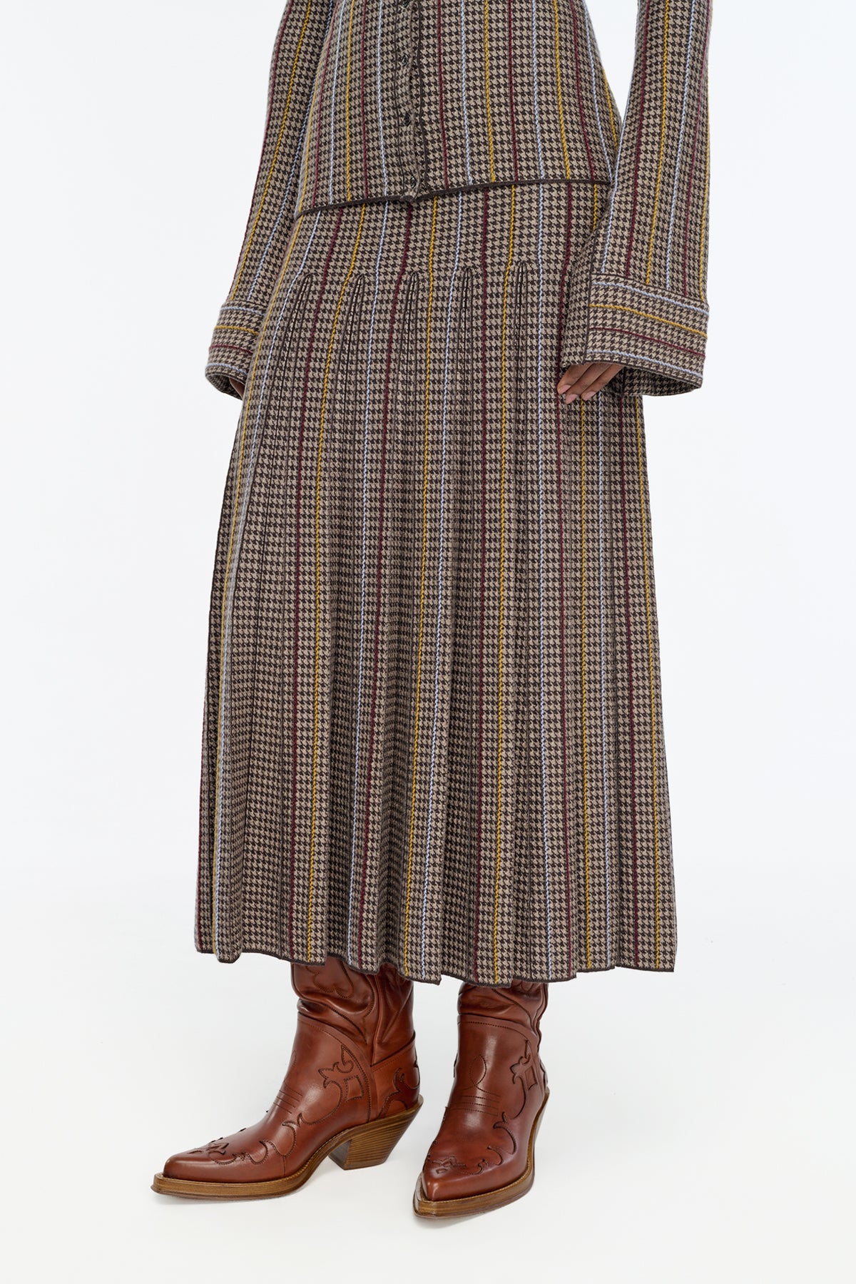 Prism Knit Skirt in Camel Multi Wool Silk Cashmere Houndstooth