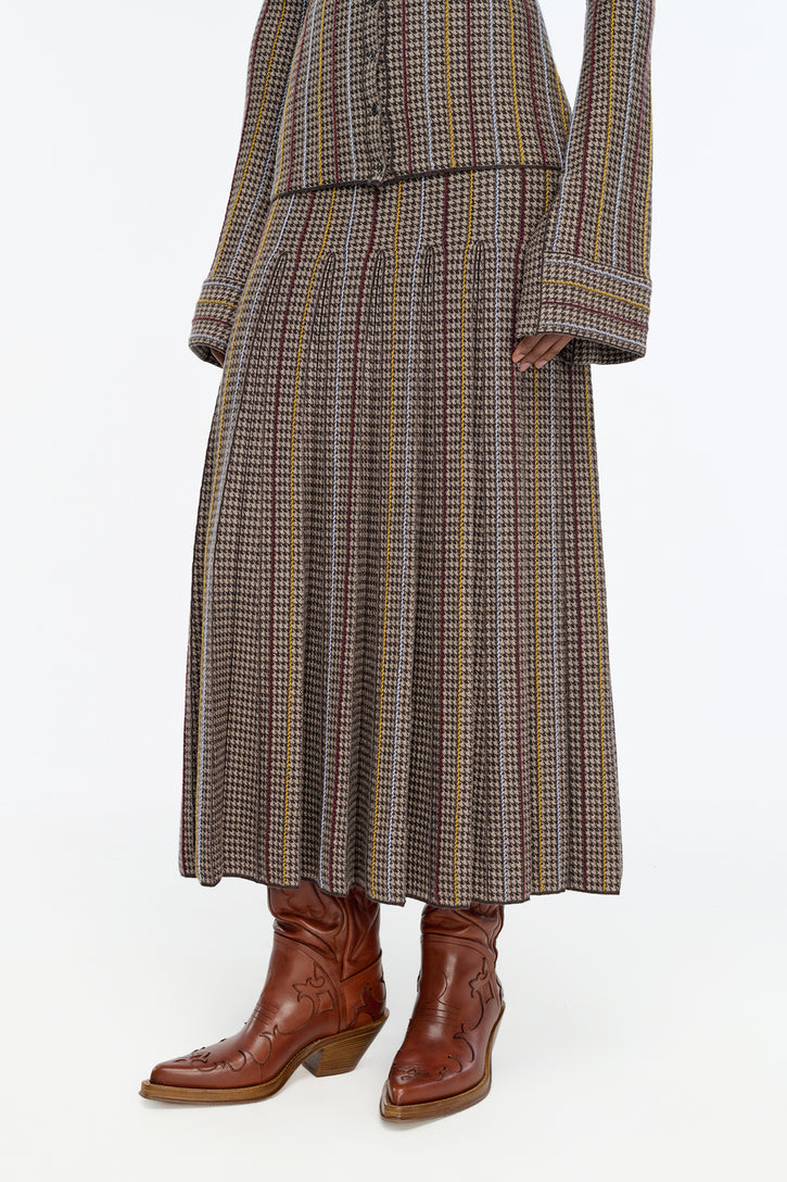 Prism Knit Skirt in Camel Multi Cashmere Silk Houndstooth