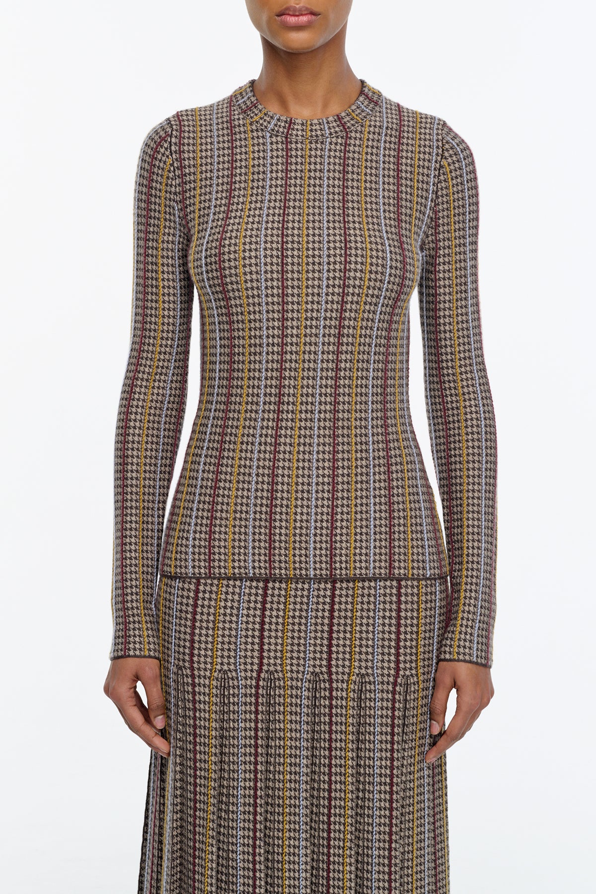 Pons Knit Sweater in Camel Multi Wool Silk Cashmere Houndstooth