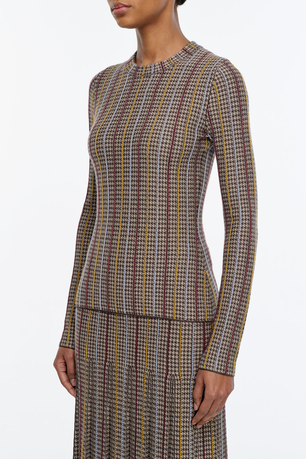 Pons Knit Sweater in Camel Multi Wool Silk Cashmere Houndstooth