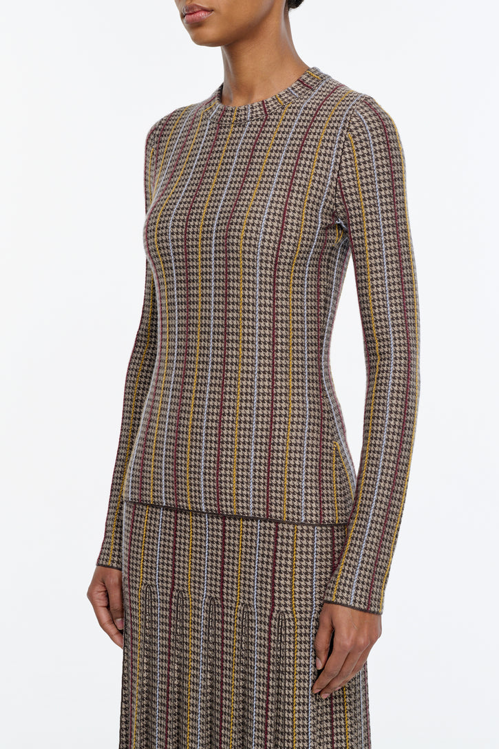 Pons Knit Sweater in Camel Multi Cashmere Silk Houndstooth
