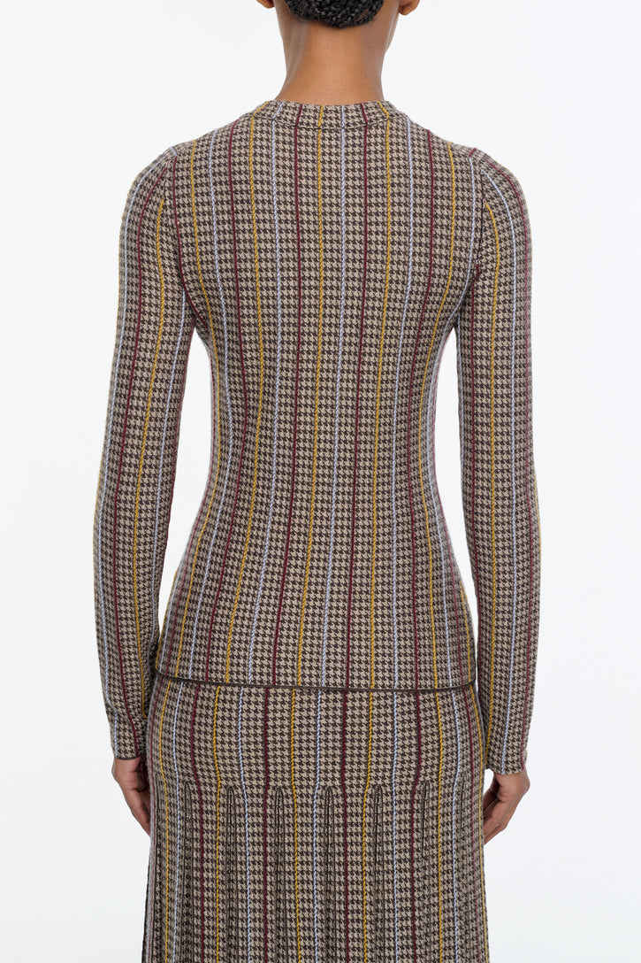 Pons Knit Sweater in Camel Multi Cashmere Silk Houndstooth