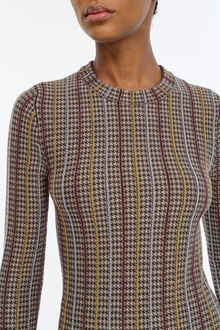 Pons Knit Sweater in Camel Multi Cashmere Silk Houndstooth