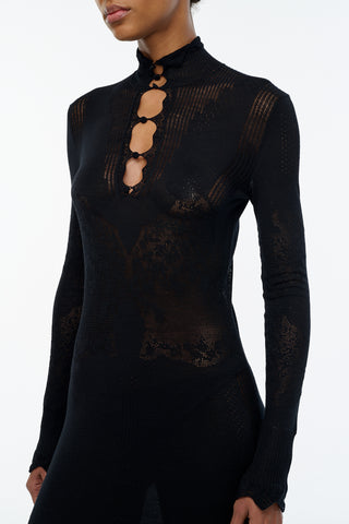 Solace Pointelle Knit Lace Dress in Black Merino Wool