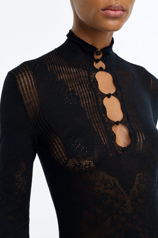 Solace Pointelle Knit Lace Dress in Black Merino Wool