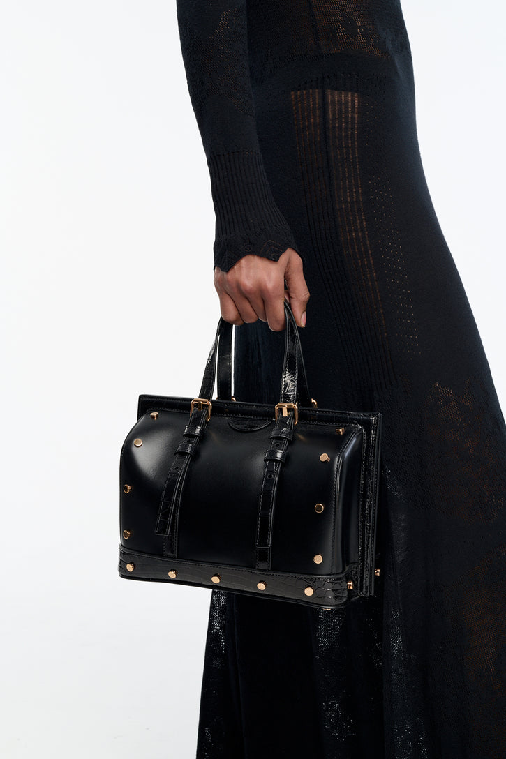 Doctor G Bag in Black Leather with Crocodile Leather Details
