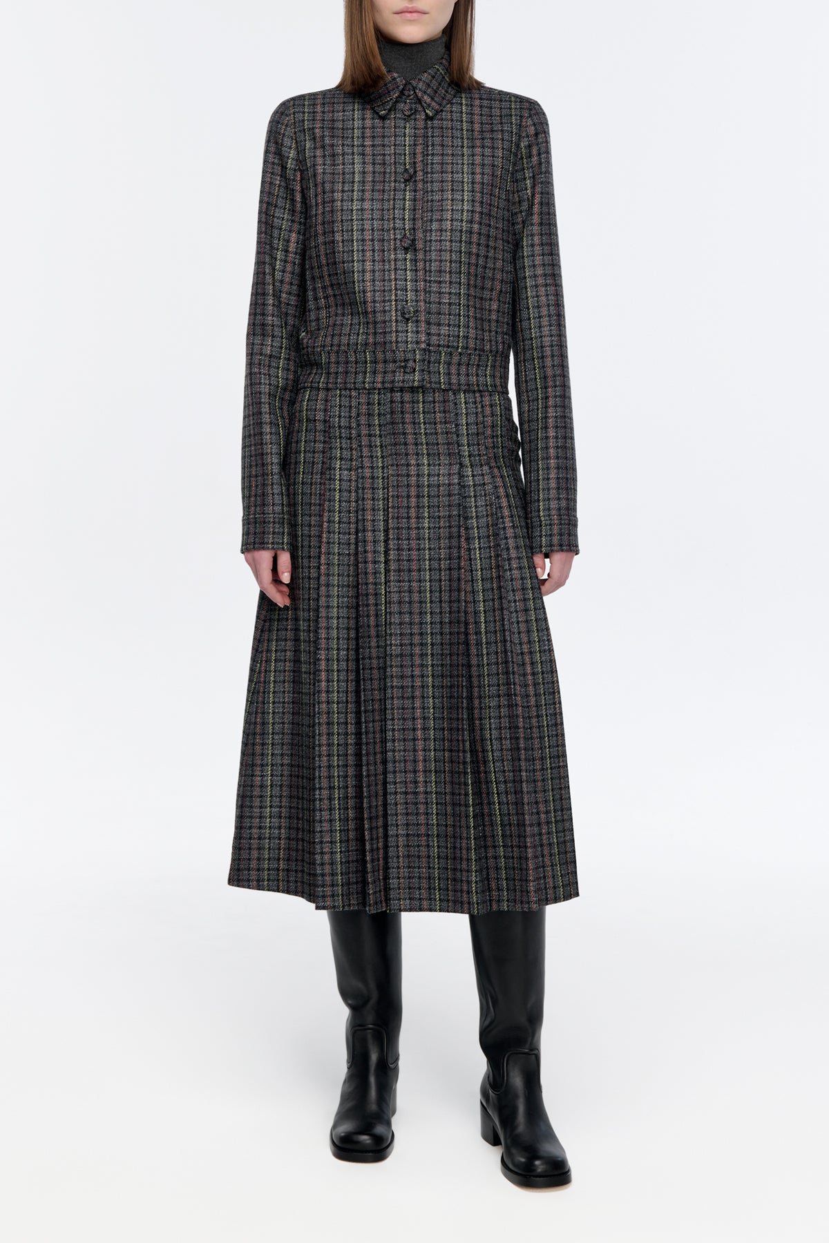 Wesley Skirt in Charcoal Multi Wool Silk Houndstooth