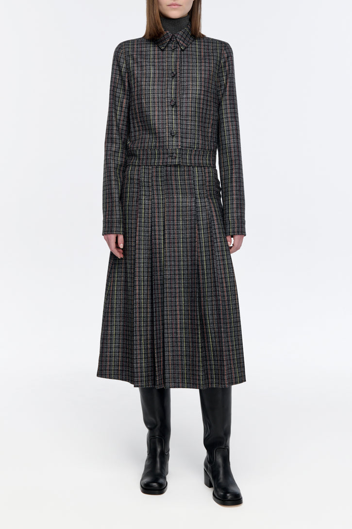 Wesley Pleated Skirt in Charcoal Multi Wool Silk Houndstooth