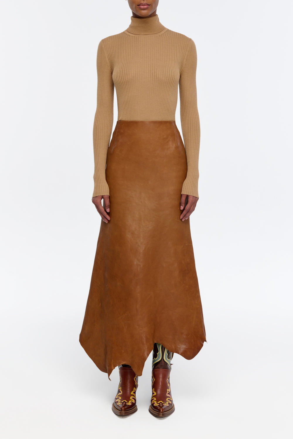 Edwardo Raw Cut Skirt in Cognac Vachetta Leather