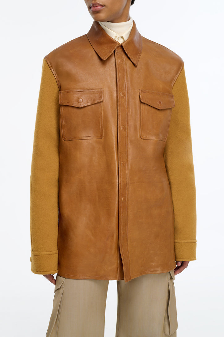 Lucas Overshirt in Cognac Vachetta Leather & Double-face Recycled Cashmere