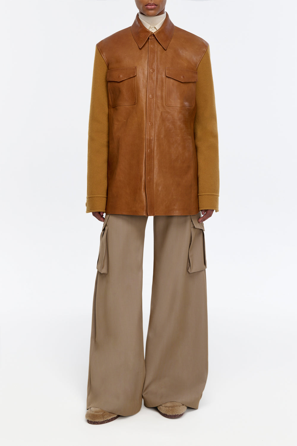Lucas Overshirt in Cognac Vachetta Leather & Double-face Recycled Cashmere