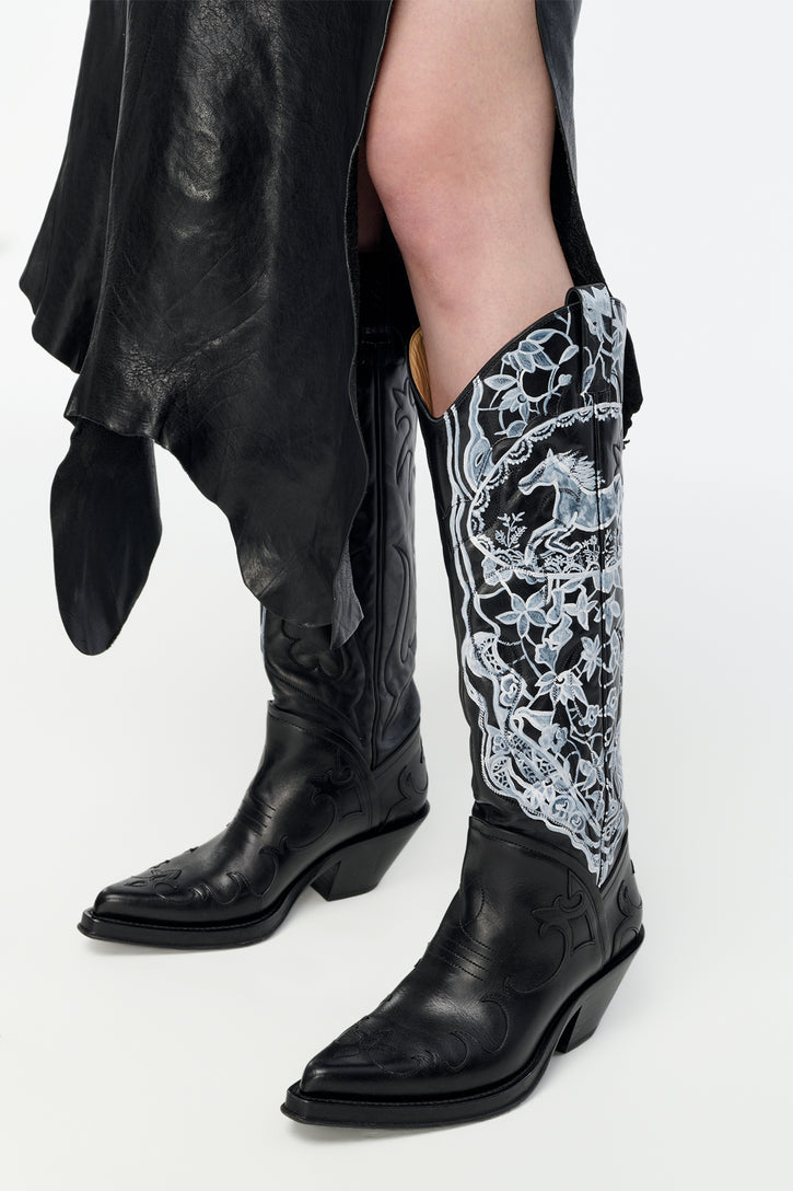 Hand Painted Capitana Boot in Black & White Leather