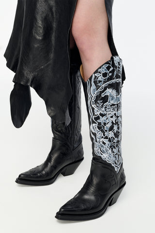 Hand Painted Capitana Cowboy Boot in Black & White Leather