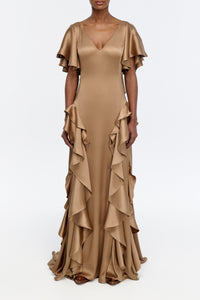 Spiral Dress in Camel Silk Satin