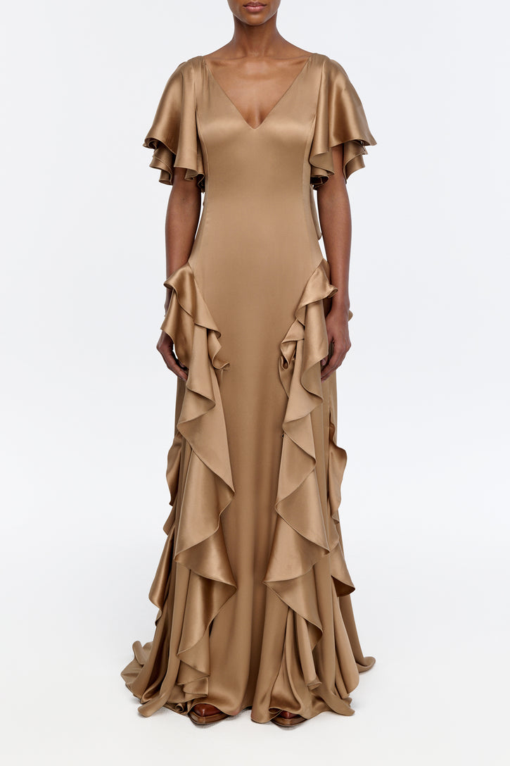 Spiral Ruffles Dress in Camel Silk Satin