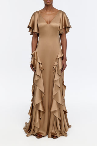 Spiral Ruffles Dress in Camel Silk Satin