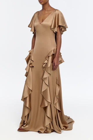 Spiral Ruffles Dress in Camel Silk Satin